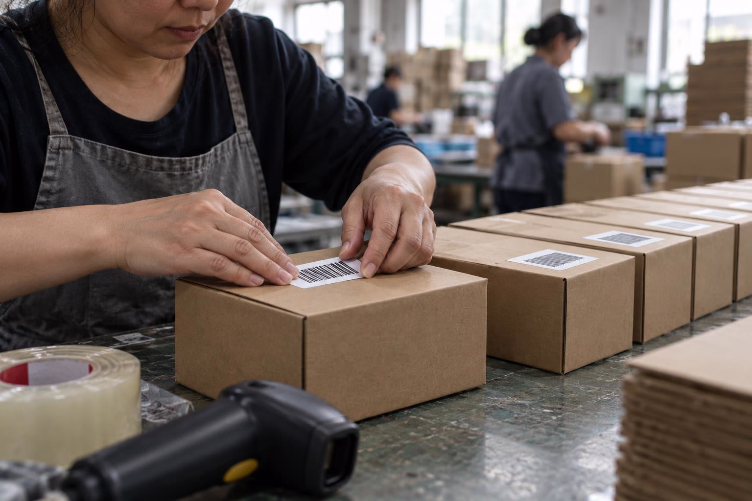 Een medewerker drukt een barcode-etiket op een blanco verkoopdoos aan een fabrieksbank