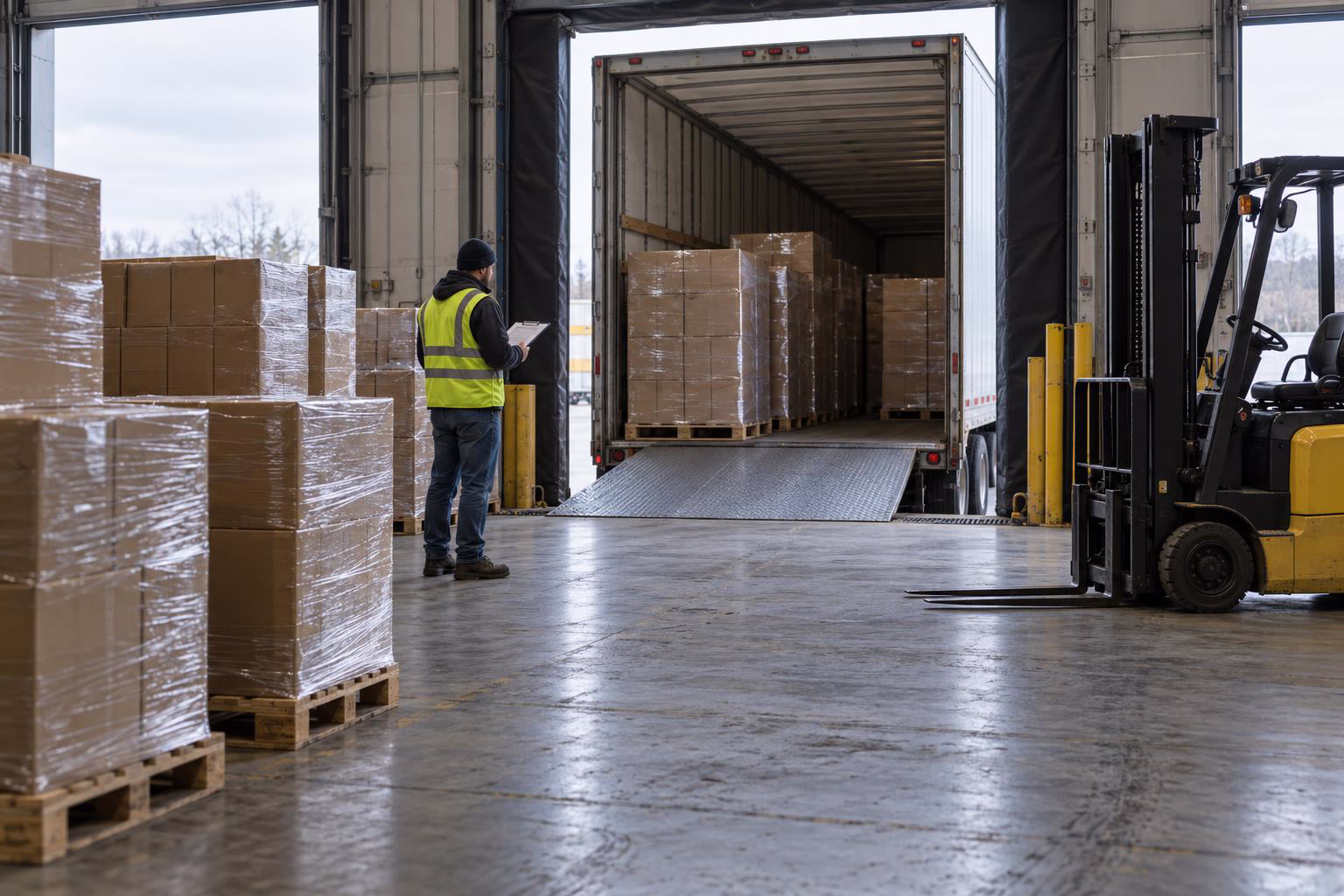 Een oplegger tegen de dock van een fulfilmentcentrum, met folie omwikkelde pallets op de vloer