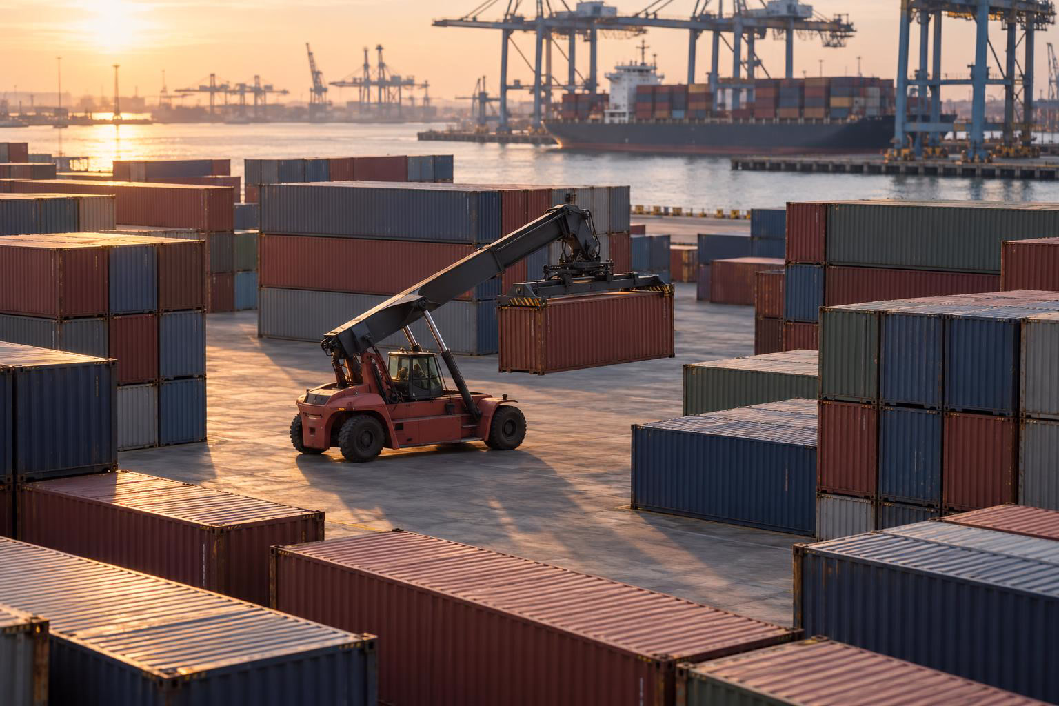 Gestapelde containers op een terminal, een reach stacker verplaatst er een