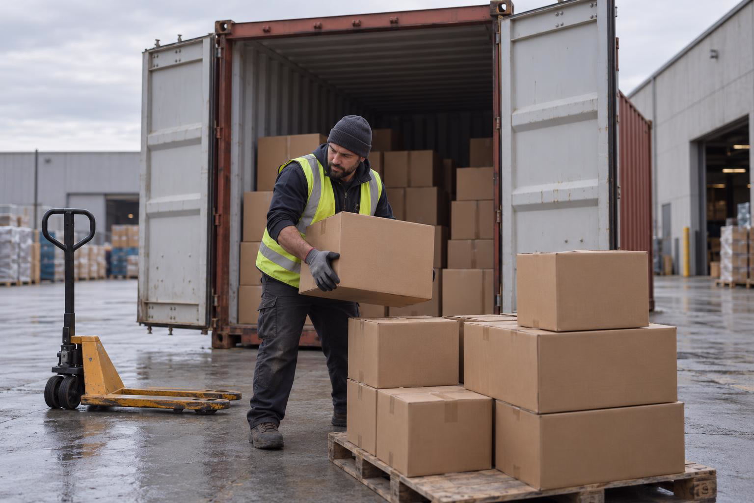 Geopende container op het CFS, dozen op de vloer in afwachting van sortering